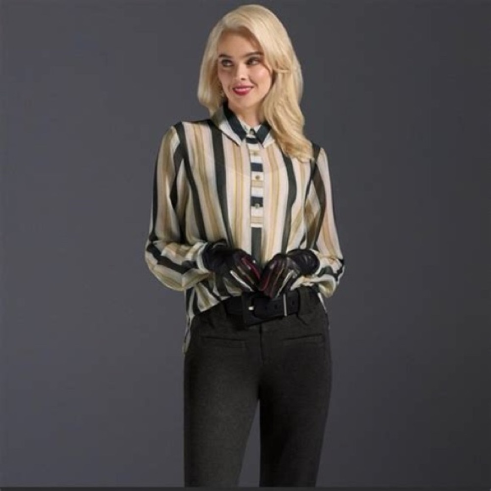 NWT CAbi caliber semi Sheer Striped Draped Blouse size S